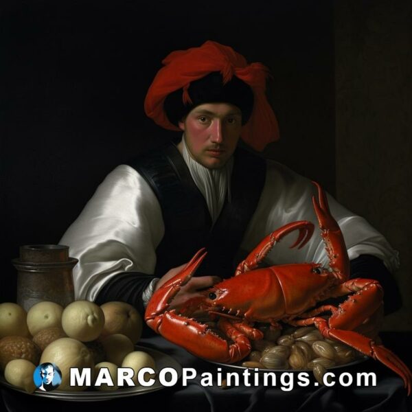 A man is seated at a table with crab
