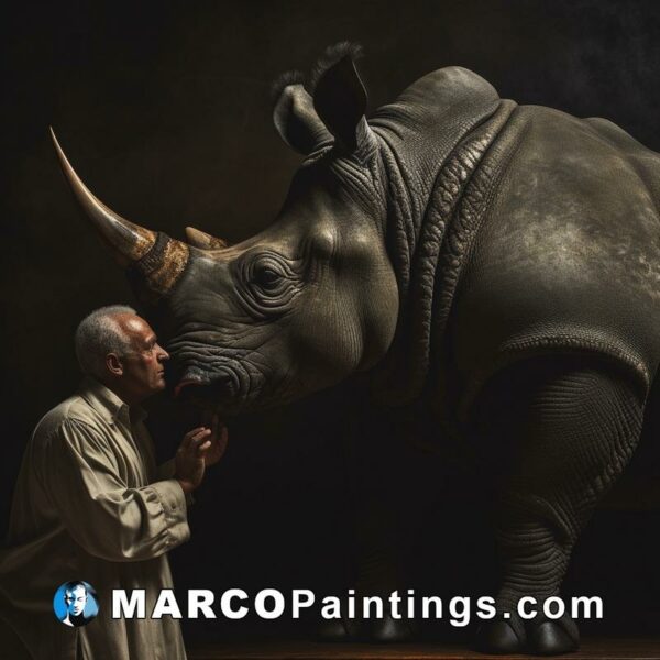 A man kisses a rhino near a dark background