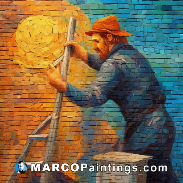 A man on an ladder painting a picture