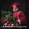 A man red hat and red coat holding a bunch of vegetables