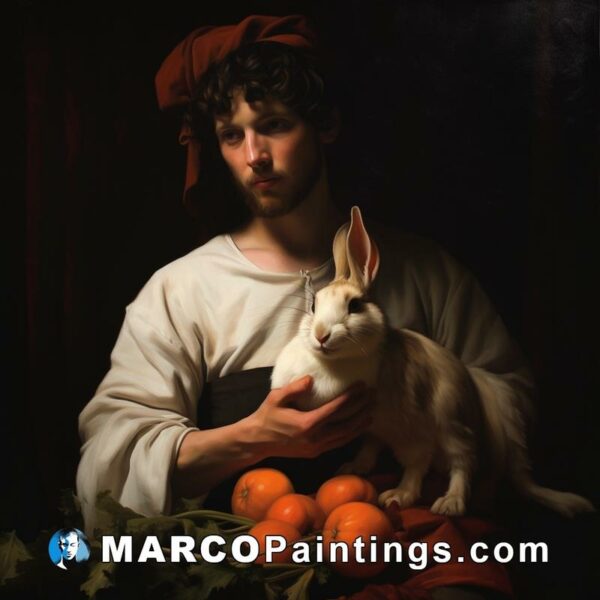 A man sits with a bunny holding oranges
