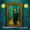 A man standing next to a painting of van gogh