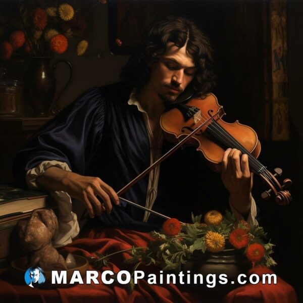 A man using a fiddle in a painting