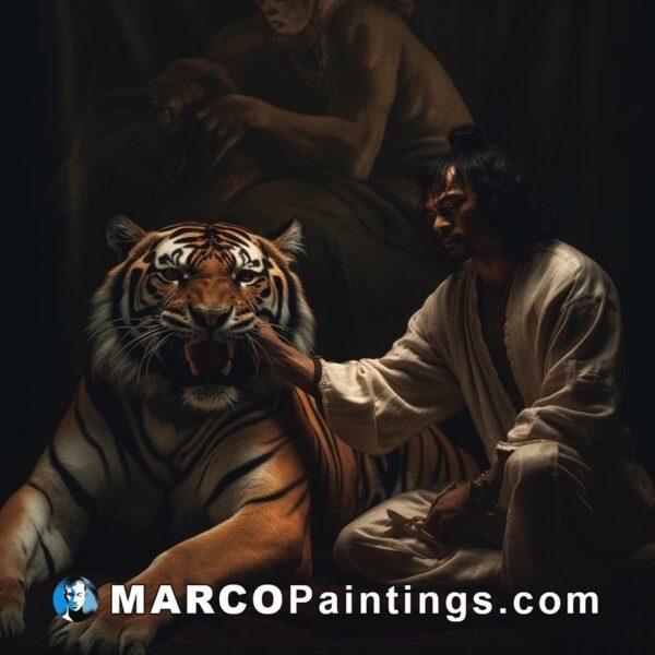 A man wearing robes is holding a tiger