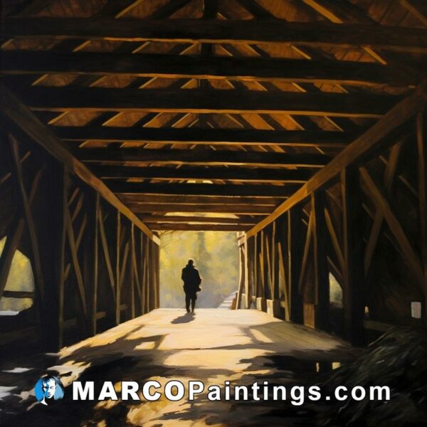 A man who is walking out of a wooden bridge