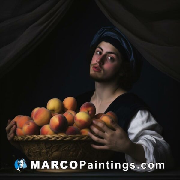 A man with a basket of peaches