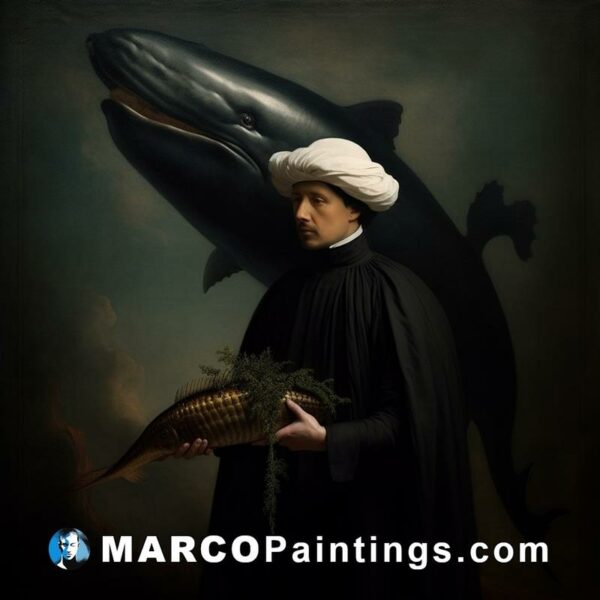 A man with a black hat holding a fish next to a whale