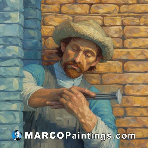 A man with a hammer and tool is painting with the wall