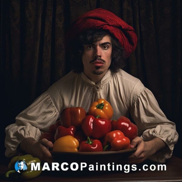 A man with a hat holding peppers