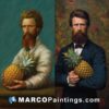 A man with beard holding an pineapple and two paintings