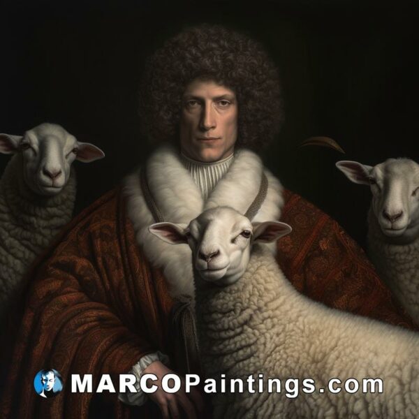 A man with curly hair standing in front of three sheep