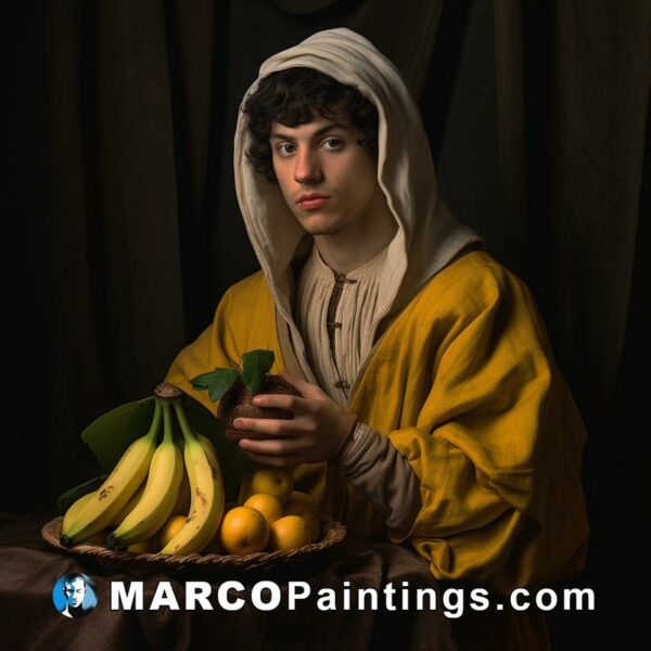 A man with yellow robe is holding a basket of bananas