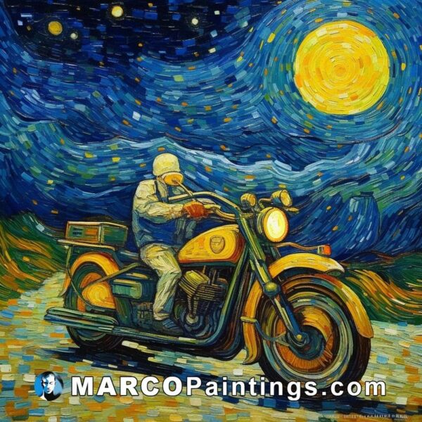 A motorcycle traveling with the starry night on a blue canvas