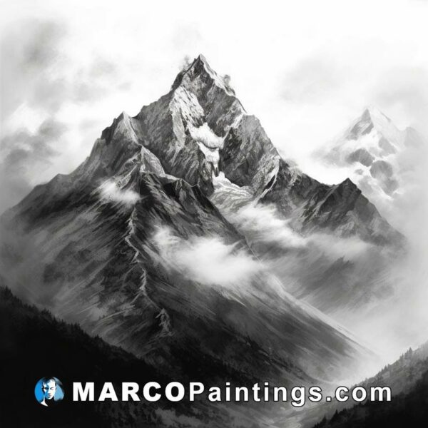 A mountain and clouds is painted in black and white