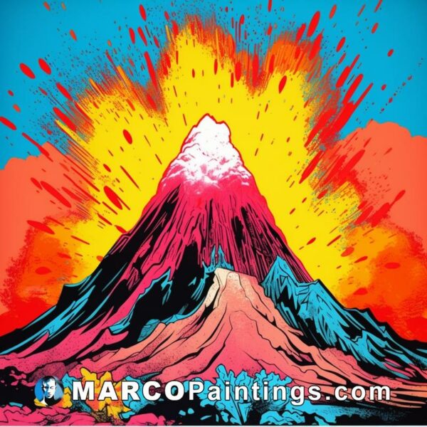 A mountain with color explosions and lava on it