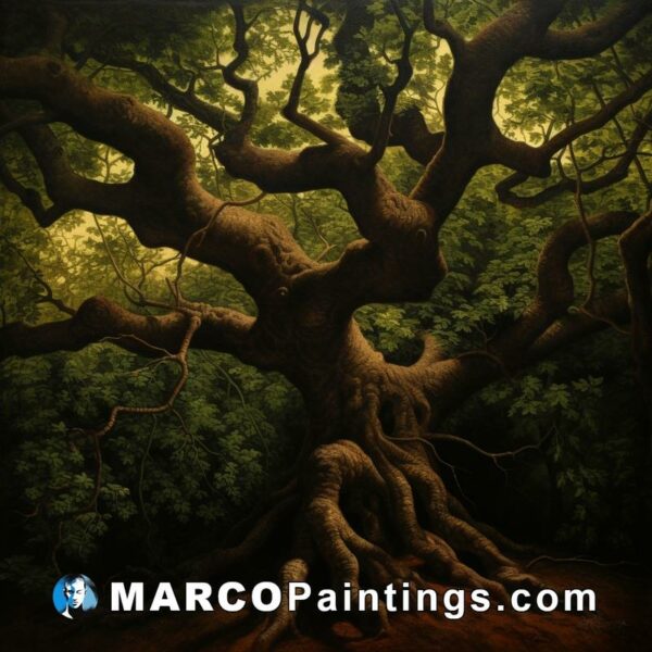 A oil on canvas painting of an old oak tree in the forest
