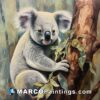 A oil painting of a koala sitting on a tree
