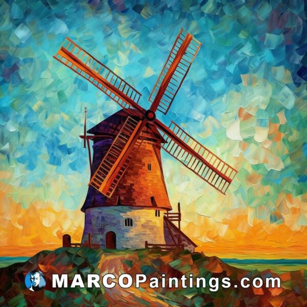 A oil painting of a windmill