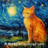 A oil painting of an orange cat under a starry sky