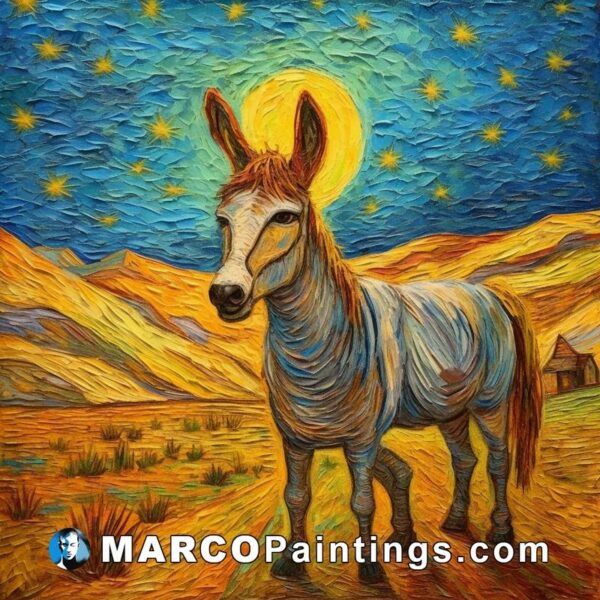 A painted portrait of a donkey standing in front of the moon