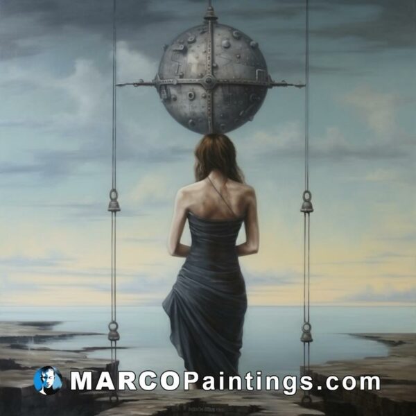 A painter has drawn a woman standing under an ocean and holding a sphere