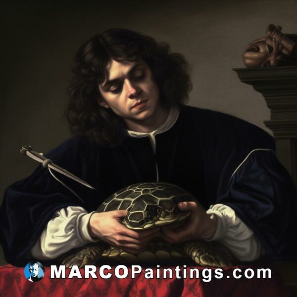 A painter holding a turtle