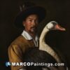 A painter is holding a goose and has a beard