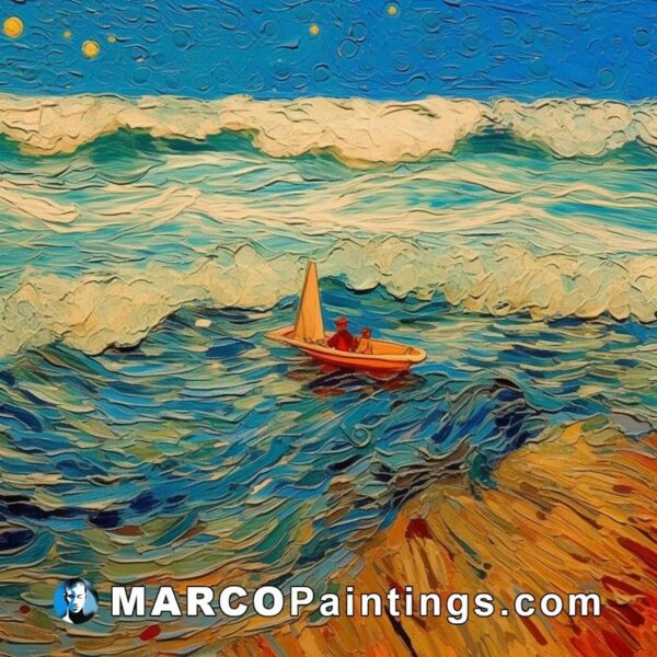 A painter with a sailboat with a starry sky on the beach