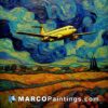 A painting a plane landing on an field with stars