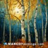 A painting by michael reynolds of birch trees with a yellow moon