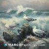 A painting by mike adams depicting three seagulls on a rock in the water