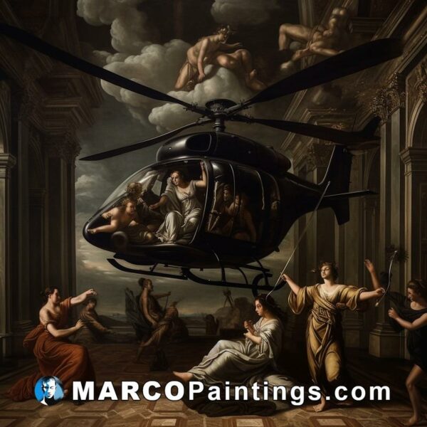 A painting containing a helicopter with a woman inside