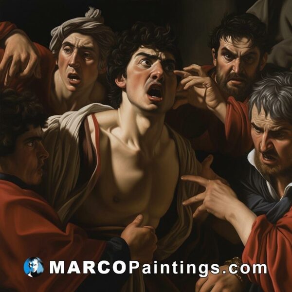 A painting containing several men reaching for the man with a mouth
