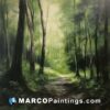 A painting created of green forest trees and dirt path