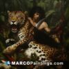 A painting depicting a man in a jungle fighting a leopard