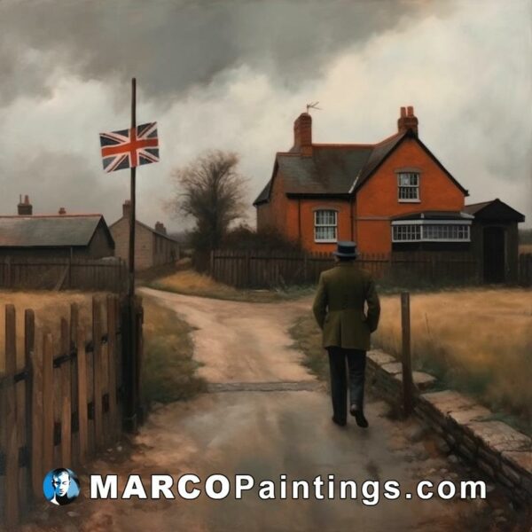A painting depicting a man walking down a country road with flags