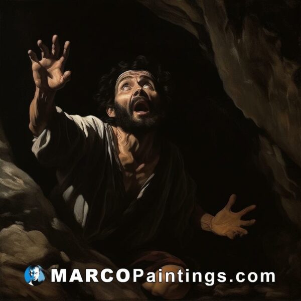 A painting depicting a man with an open mouth in the cave with his hands spread