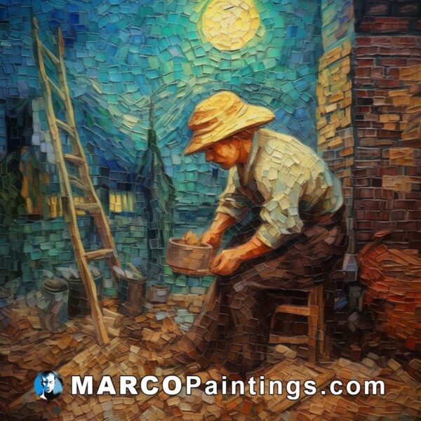 A painting depicting a man working on a wooden bench with his bricks