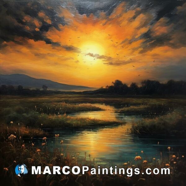 A painting depicting a river and the sun setting