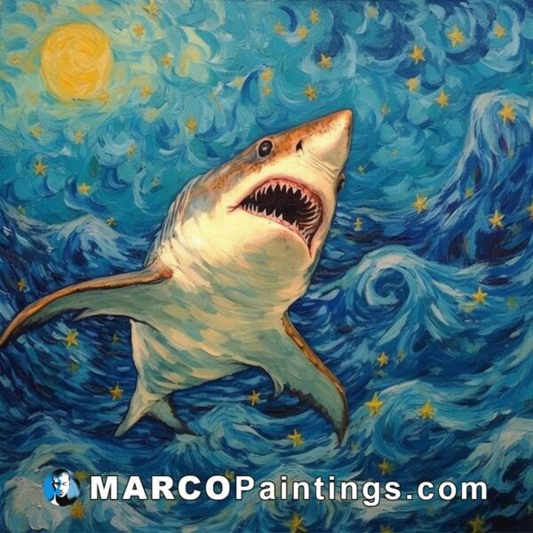 A painting depicting a shark in the ocean