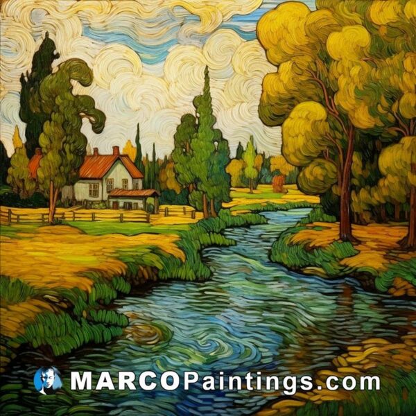 A painting depicting a stream in front of a house with fields