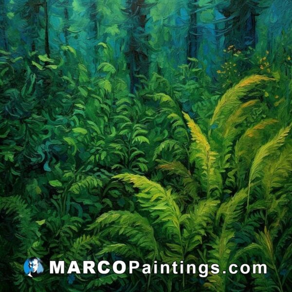 A painting depicting ferns in a green forest
