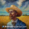 A painting depicts a man in a field with a hat