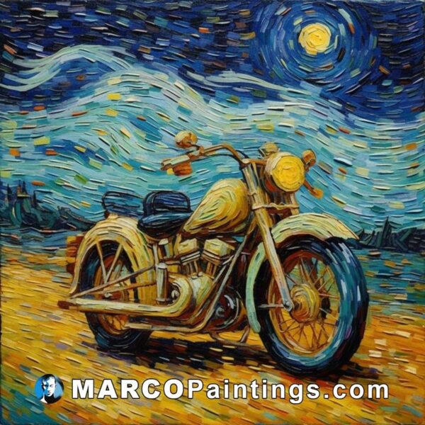 A painting depicts a motorcycle parked by a starry sky