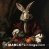 A painting depicts a rabbit with an inflated basket of fruit