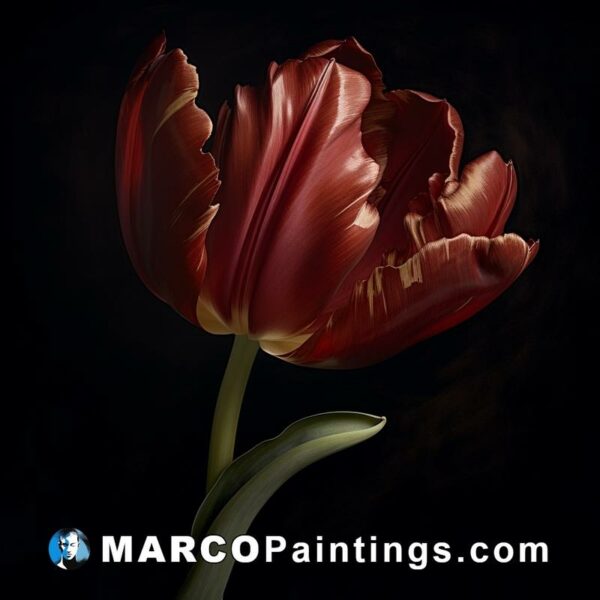 A painting depicts a red tulip flower on a black background
