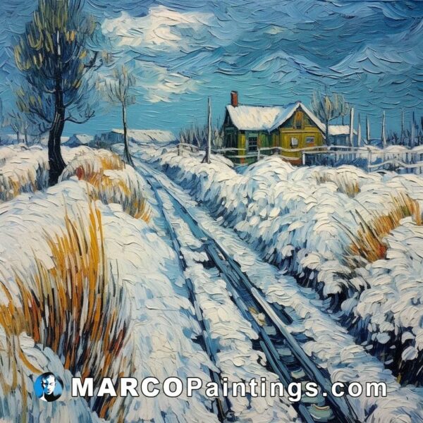 A painting depicts an old house on tracks covered in snow