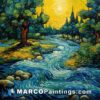 A painting depicts the sun setting over a creek with small trees