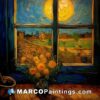 A painting done by van gogh is sitting in front of a window
