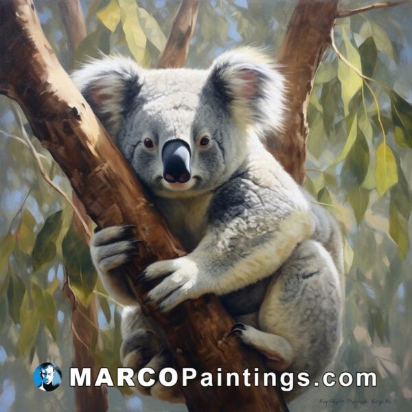 A painting done of a koala hanging out in a tree